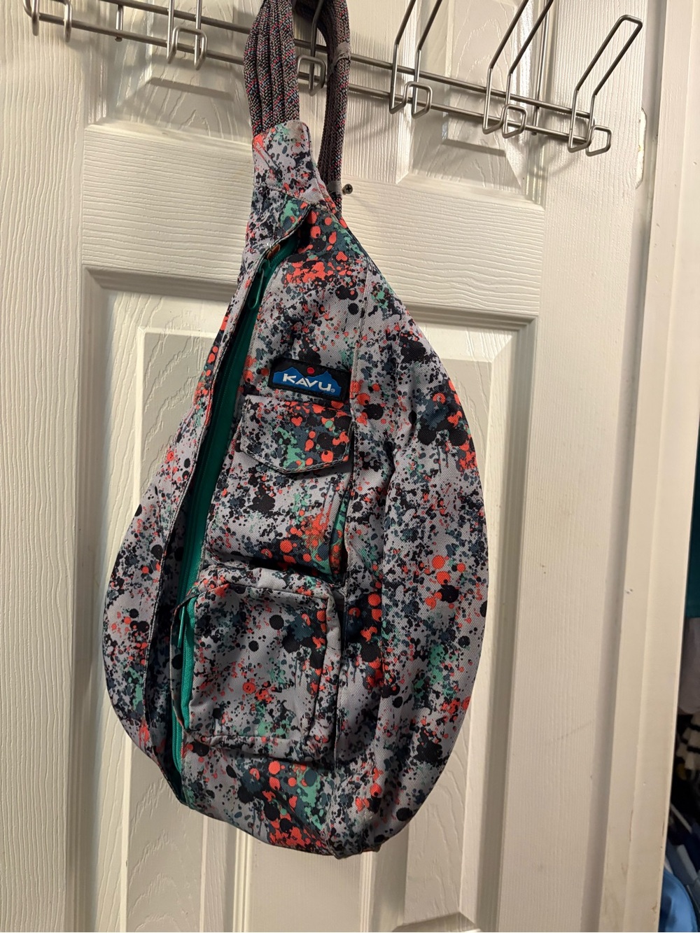 Kavu Sling Bag in Gray with Coral & Teal Splatter